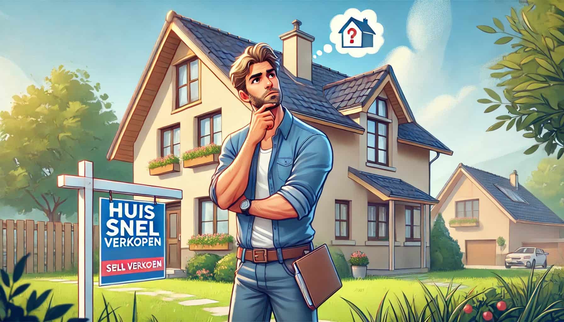 Hoe-huis-snel-verkopen-hoe-doe-je-dat Een man staat peinzend voor zijn huis en vraagt zich af hoe hij zijn huis snel kan verkopen. Het antwoord is contact opnemen met Leco Vastgoed via huissnelverkopen.nl.